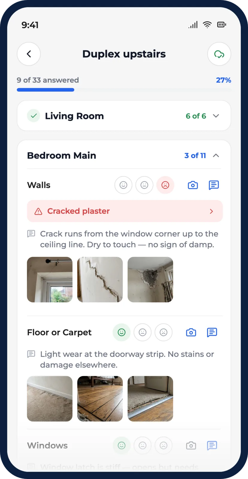 The Inspected app on a phone, part-way through a live inspection.